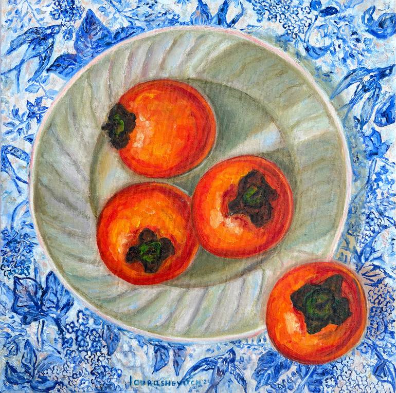 Original Food & Drink Painting by Katia Ricci | Art Deco Art on Canvas | Plated Persimmons on Table - Oil Painting Art Collection