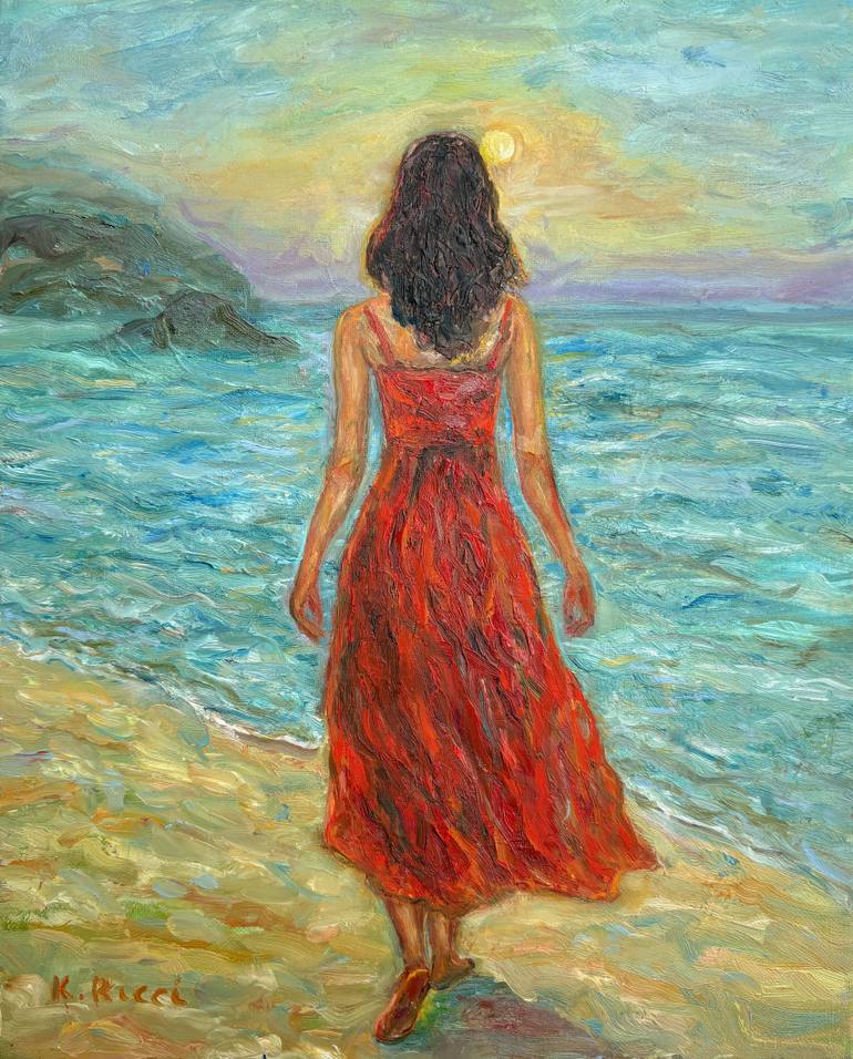 Original Beach Painting by Katia Ricci | Art Deco Art on Canvas | Walking on the Waves - Oil Painting Collection