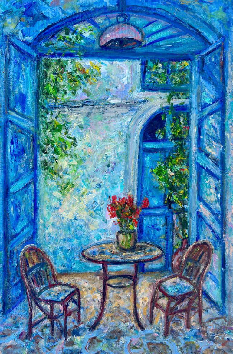 Original Architecture Painting by Katia Ricci | Art Deco Art on Canvas | Blue Mediterranean