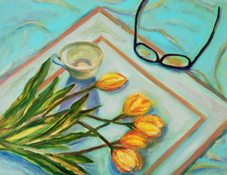 Original Still Life Painting by Katia Ricci | Art Deco Art on Canvas | "When Time Slows" or "A Cup, Some Tulips and a Pause"
