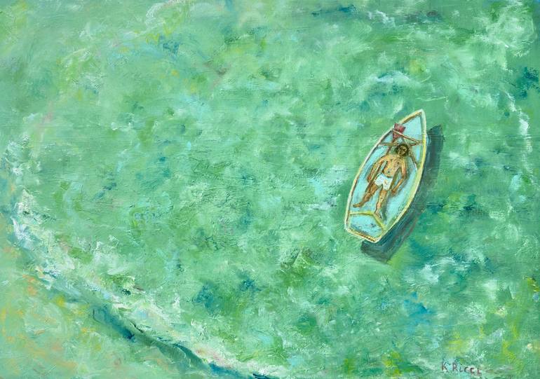 Original Beach Painting by Katia Ricci | Art Deco Art on Canvas | "Esmerald Ocean" or "Quiet Waters"