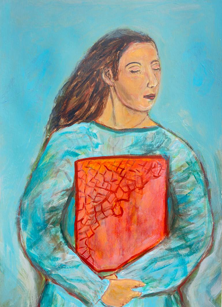 Original People Painting by Katia Ricci | Contemporary Art on Paper | Woman Holding an Abstract Painting