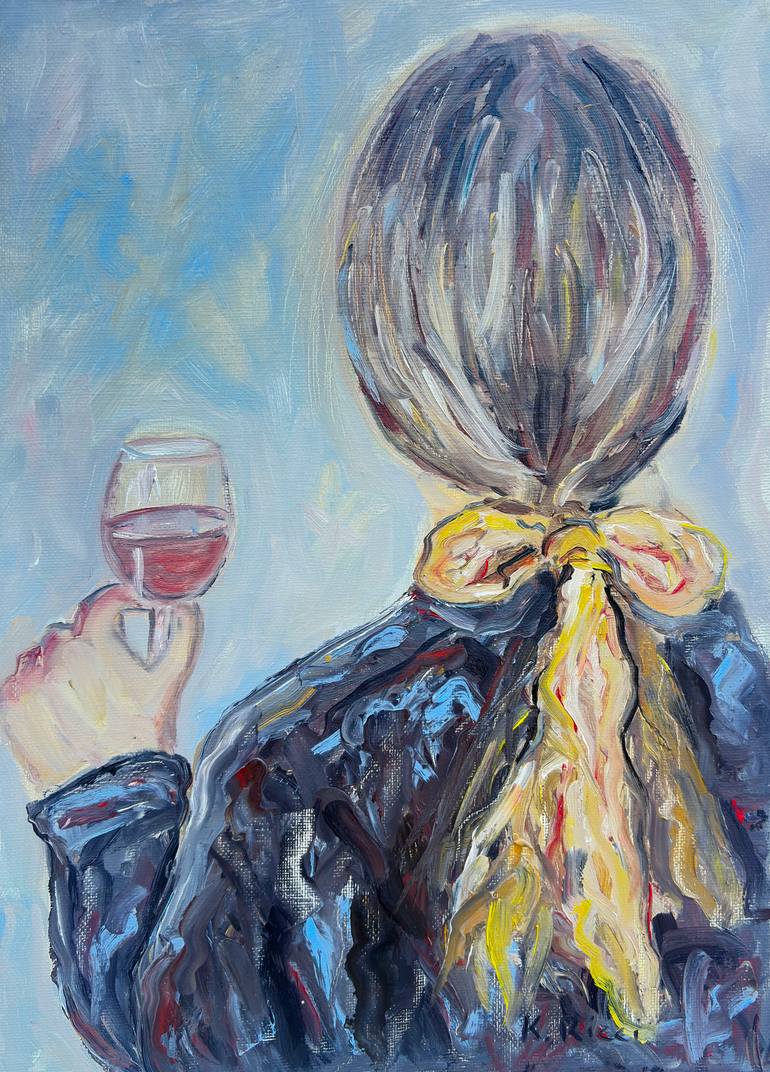 Original People Painting by Katia Ricci | Contemporary Art on Pressed Cardboard | A Girl Holding a Glass of Wine