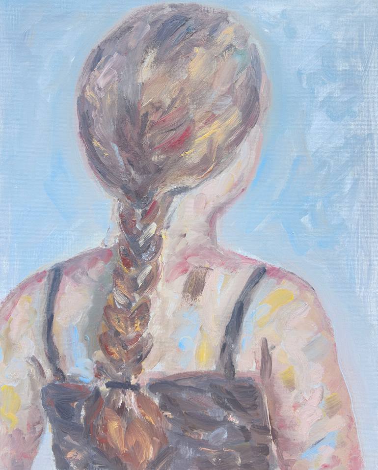 Original People Painting by Katia Ricci | Contemporary Art on Pressed Cardboard | Female Back Portrait with Braid