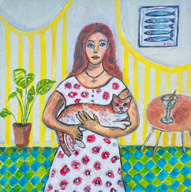 Original People Painting by Katia Ricci | Contemporary Art on Pressed Cardboard | A Red-Haired Woman with a Cat