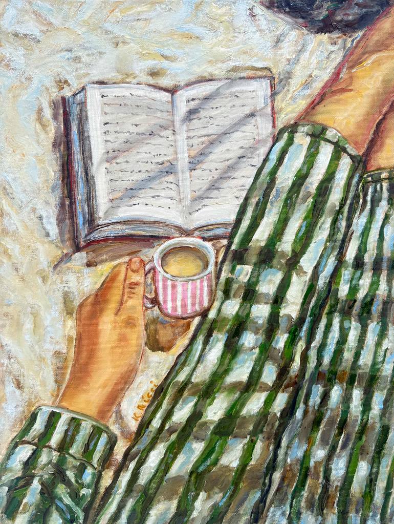 Original People Painting by Katia Ricci | Contemporary Art on Pressed Cardboard | Cosy Reading in Pijamas