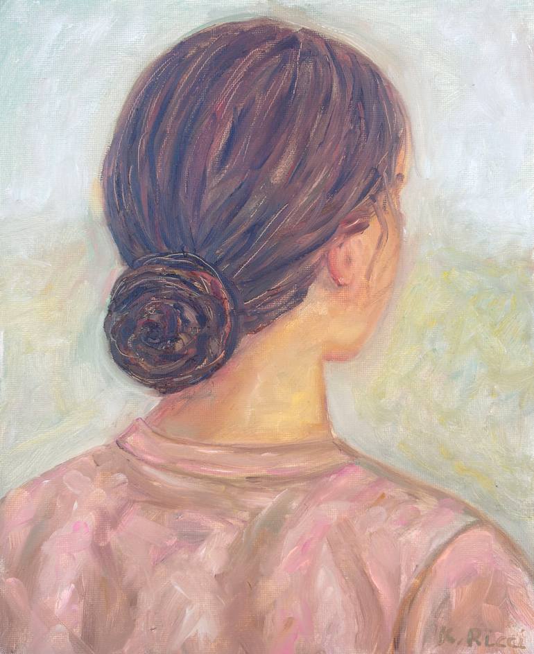 Original People Painting by Katia Ricci | Contemporary Art on Pressed Cardboard | Woman with Bun from Behind