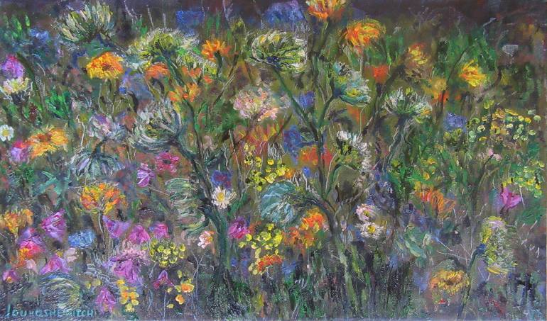 Original Floral Painting by Katia Ricci | Art Deco Art on Canvas | In the night garden