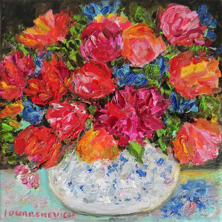 Original Nature Painting by Katia Ricci | Art Deco Art on Canvas | Blooming Floral Bouquet - Flowers Print from Oil Painting