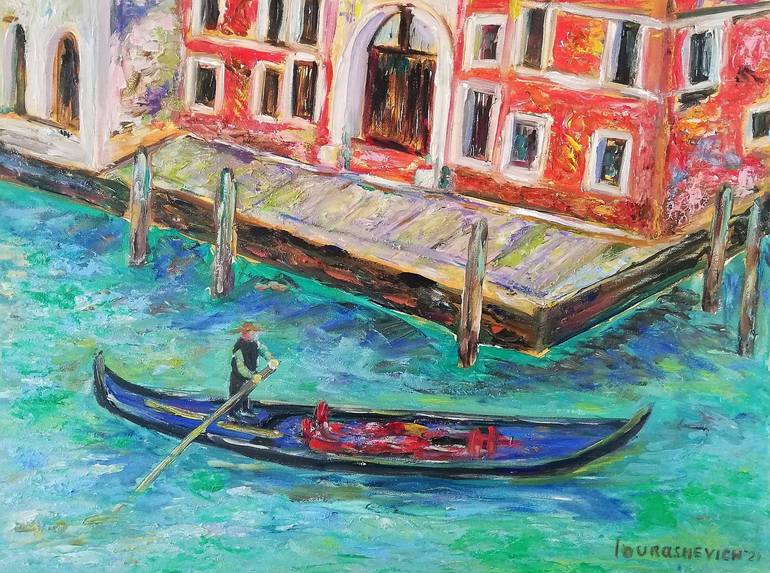 Original Boat Painting by Katia Ricci | Impressionism Art on Canvas | The Gondolier