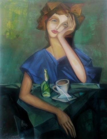 Girl in a cafe. In the style of cubism. thumb