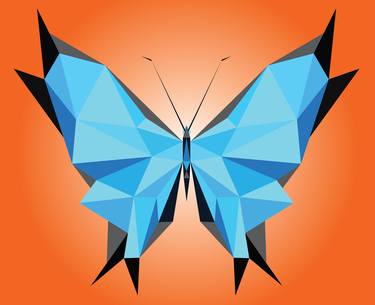 stylized triangle poligonal blue morpho didius butterfly illustration on oragnge backgound thumb