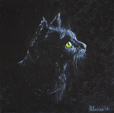 Oil painting on canvas with cat "Night guest", 30x30 cm thumb