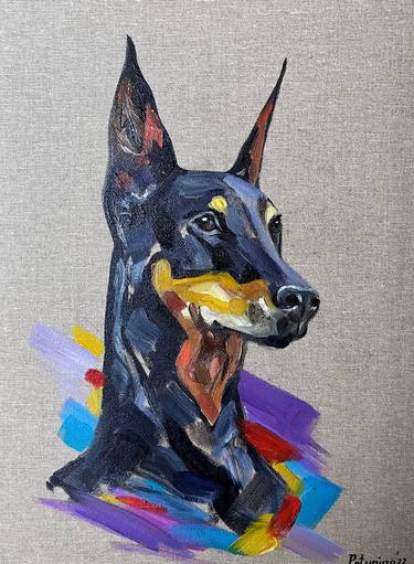 Oil painting on canvas with dog "Doberman", 40x30 cm thumb