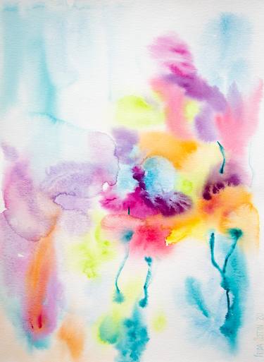 Original watercolor art. Amazing sea abstraction. Colored corals painting. Rainbow abstraction. Abstract watercolor seascape. Colorful wall art. thumb