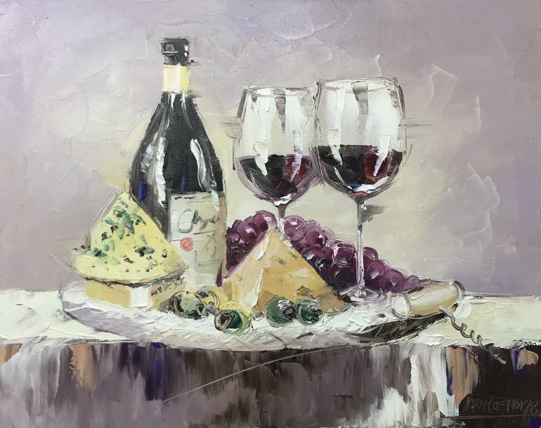 Red Wine & Cheese Painting by Oleg Bratashov | 