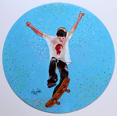 Skater on vinyl record - jumping - blue-sky background thumb