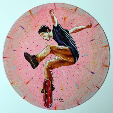 Skater on vinyl record - jumping - pink background thumb