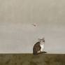 The sky is cloudy, below is the image of a flying dragonfly hovering over the kittens head as if playing with it.