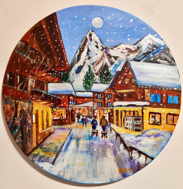 Original Architecture Painting by Krasimira Mancheva | Expressionism Art on Canvas | Murren, Switzerland