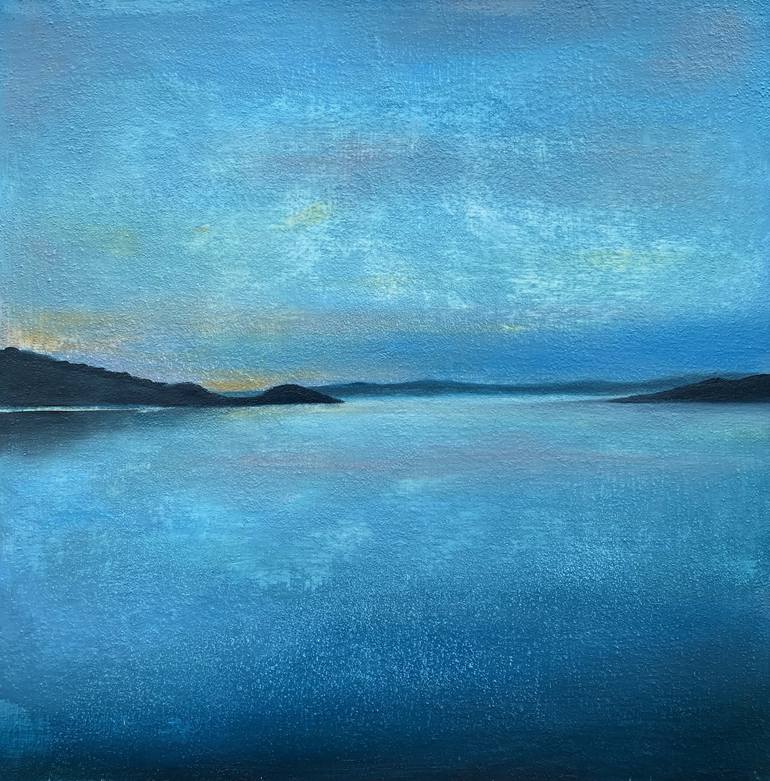 Lake Sunset Painting, Blue Landscape Watercolor Painting, Or