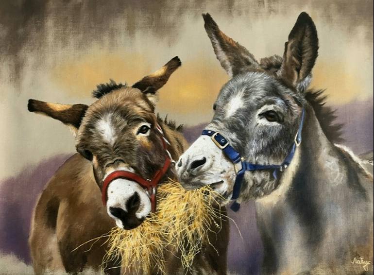 Donkeys sweet sharing Painting by Sinisa Labus | Saatchi Art