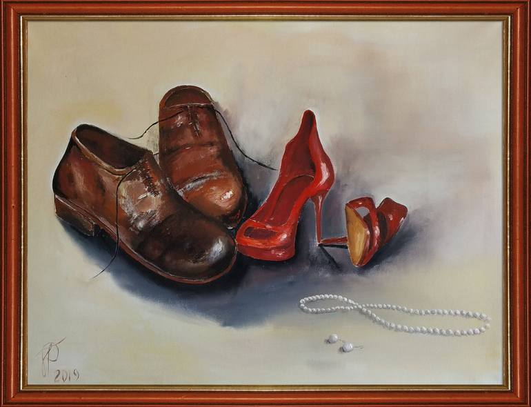 man in red heels