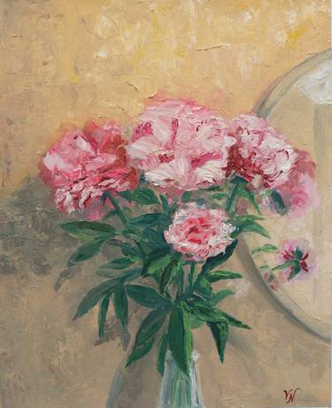 Pink peonies in a beige room thumb