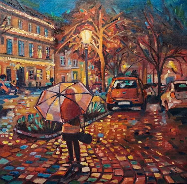 Original Cities Painting by Szm Georgina | Contemporary Art on Canvas | On a rainy day on the way to a violin exam...