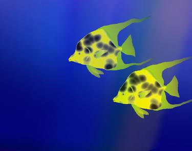 Two yellow fish swimming in the depths. thumb