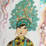 The third in my Strong International Women Series. I was inspired by a Chinese opera headdress I saw.

The patterns surrounding the woman were created by manipulating fluid acrylic with pouring medium and silicone.