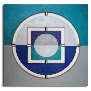 Luna Blue, Large Geometric On Canvas Painting 3 Panels thumb
