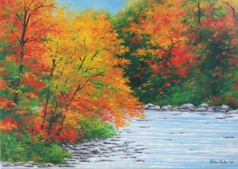 Autumn on the river Painting by SILVIA CARTA | Saatchi Art