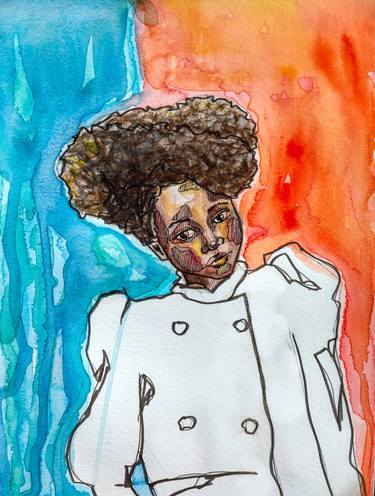 The Woman in Blue and Orange Fine Art Watercolor Print thumb