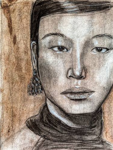 The Woman with the Earrings - Fine Art Charcoal Drawing Print thumb