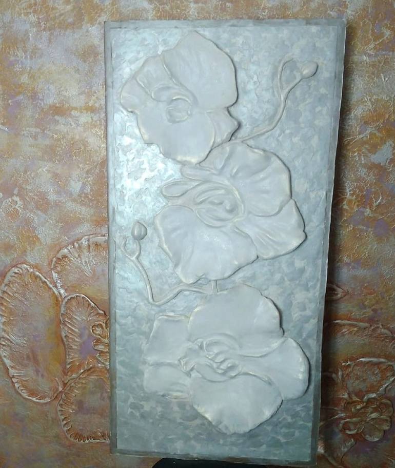 Large sculptural Wall Art flower Orchid basrelief 3D Gypsum plaster Acrylic paint Holiday interior Gift mom Picture Painting Homemade Decor - Print