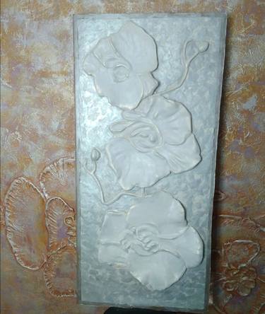 Large sculptural Wall Art flower Orchid basrelief 3D Gypsum plaster Acrylic paint Holiday interior Gift mom Picture Painting Homemade Decor thumb