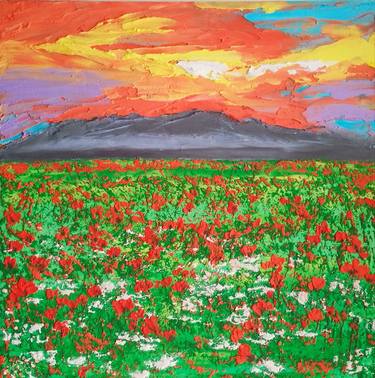 Tuscany Painting Poppy Original Art Impasto Painting Landscape Wall Art Poppies Fields 8 by 8" thumb