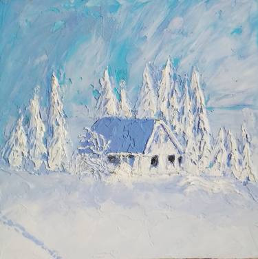 Snowy Winter landscape Original Art Impasto Painting, snowy woods painting, winter trees painting, winter forest painting, Snow House 8 by 8 thumb