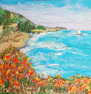 Laguna Beach Painting Sailboats California Small Painting Impasto Seascape Original Art Sailboats 8 by 8 thumb