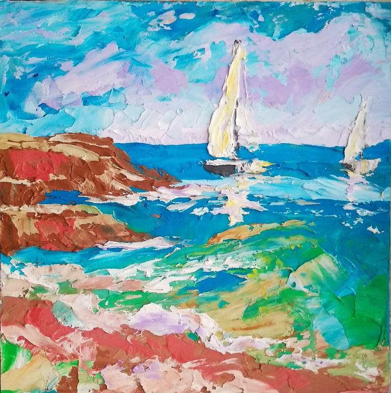 Boats Painting Original Art Impasto Painting Orange Blue Artwork 12 by 8 inches