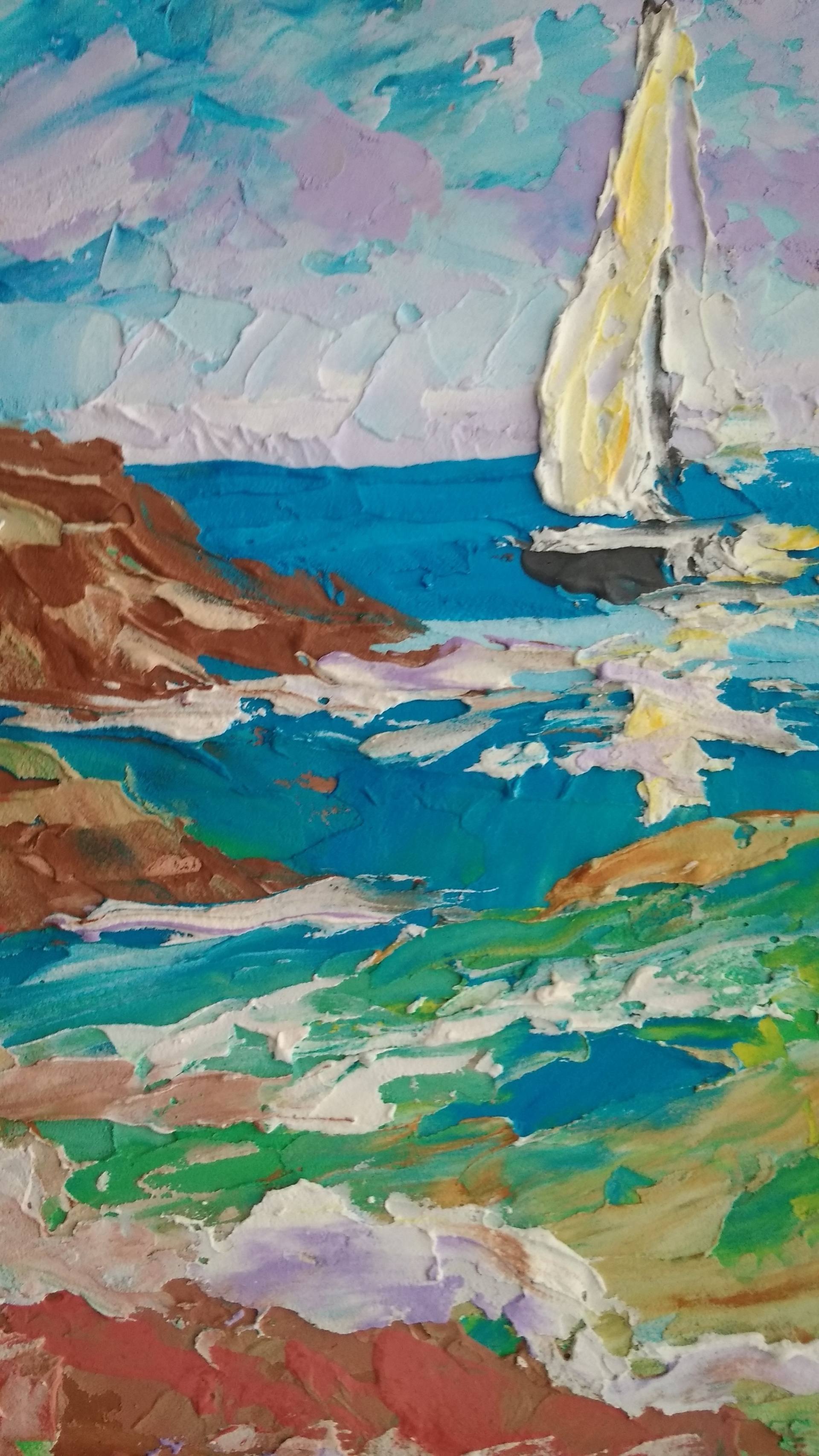 Laguna Beach Painting Sailboat ACEO Impasto Seascape Original Art California Small Painting Aceo Card by 2.5 by 3.5 in by Sofi Happy Art