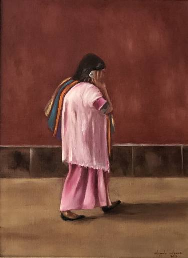 Mexican Oaxacan Woman with Cell Phone. Framed. thumb