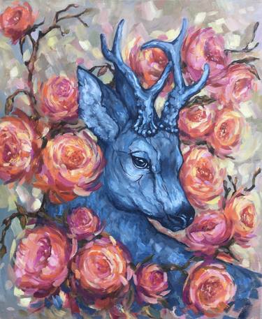 Deer in bloom, oil painting, modern art. thumb