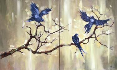 Birds on a branch, diptych, canvas huile. thumb