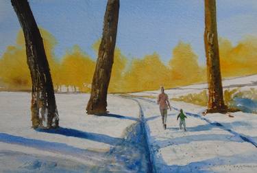 Mother and son winter walk (PURE ORIGINAL WATERCOLOUR) Fully mounted 14" x 11" thumb
