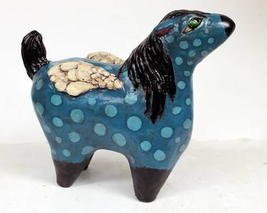 Whimsical Paper Mache Clay Pegasus - Sky Walker Pegasus in Tuscan Teal thumb