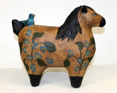 Paper Mache Clay Horse Sculpture - Ginger and the Blue Bird thumb