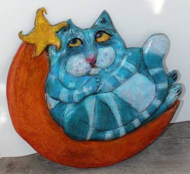 Ceramic Cat Wall Decor - Wishing on a Star thumb