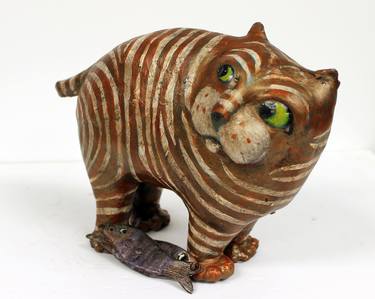 Paper Paper Mache Clay/Ceramic Cat Sculpture - Sardine Sam the Cat thumb